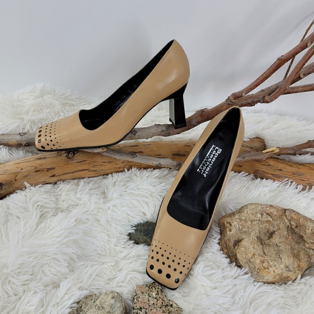 Spanish leather collection tan square toe perforated heels